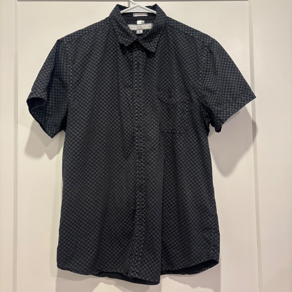 PD&C Stretch Men Slim Fit Short Sleeve Button Down Shirt Black Geometric Print M